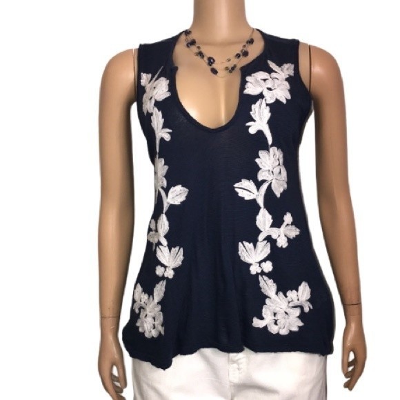 Lucky Brand Top Sleeveless linen Blend blue & white Floral Embroidered size XS - Picture 5 of 11